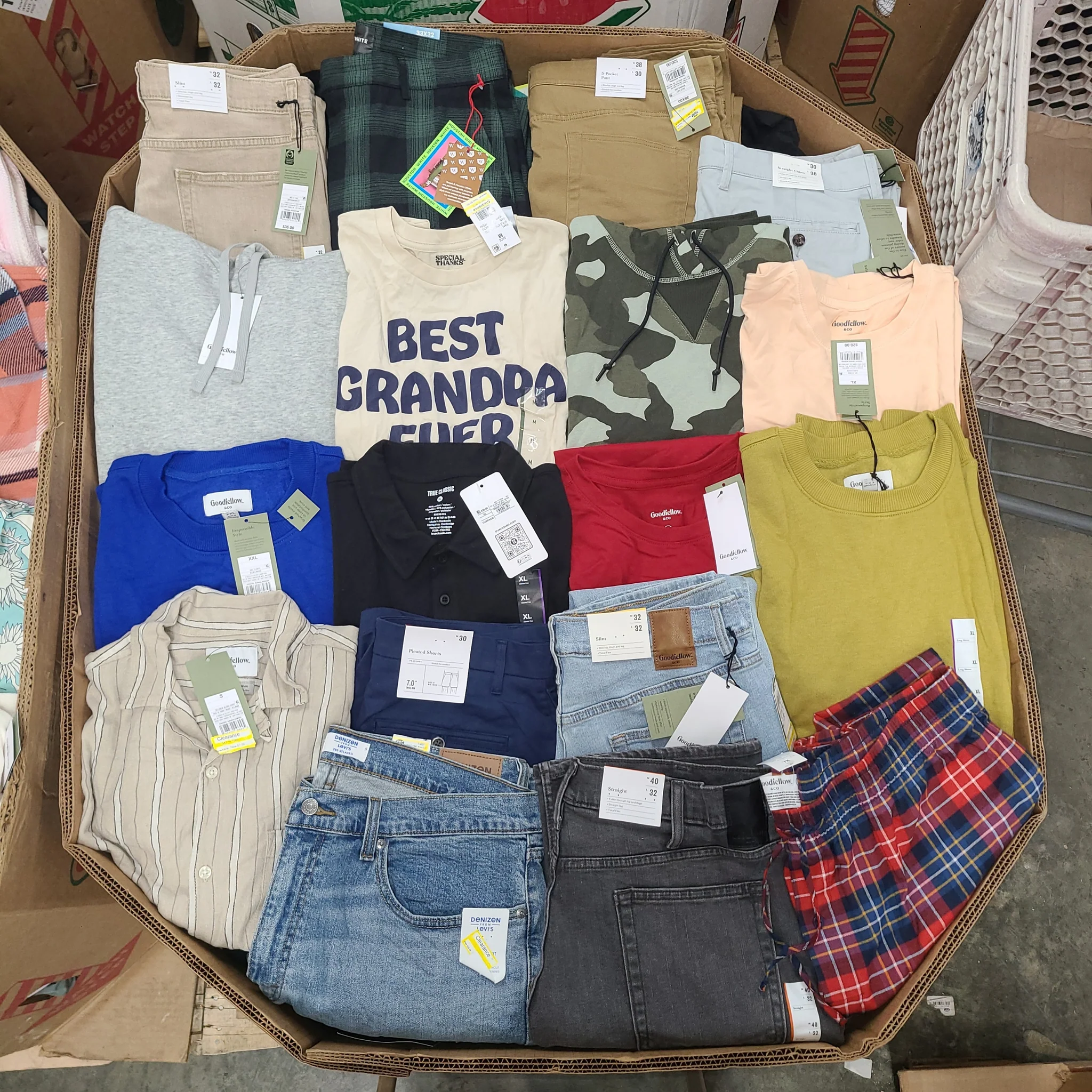 Target Men's Clothing Wholesale Pallet with 350–400 pieces of all-season men's apparel sourced from Target, featuring 95% brand-new clothing with tags.