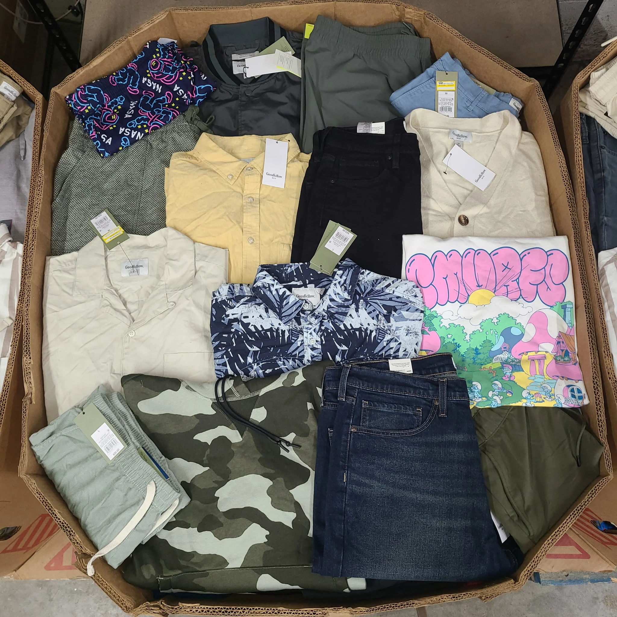 Target Men's Clothing Wholesale Pallet with 350–400 pieces of all-season men's apparel sourced from Target, featuring 95% brand-new clothing with tags.