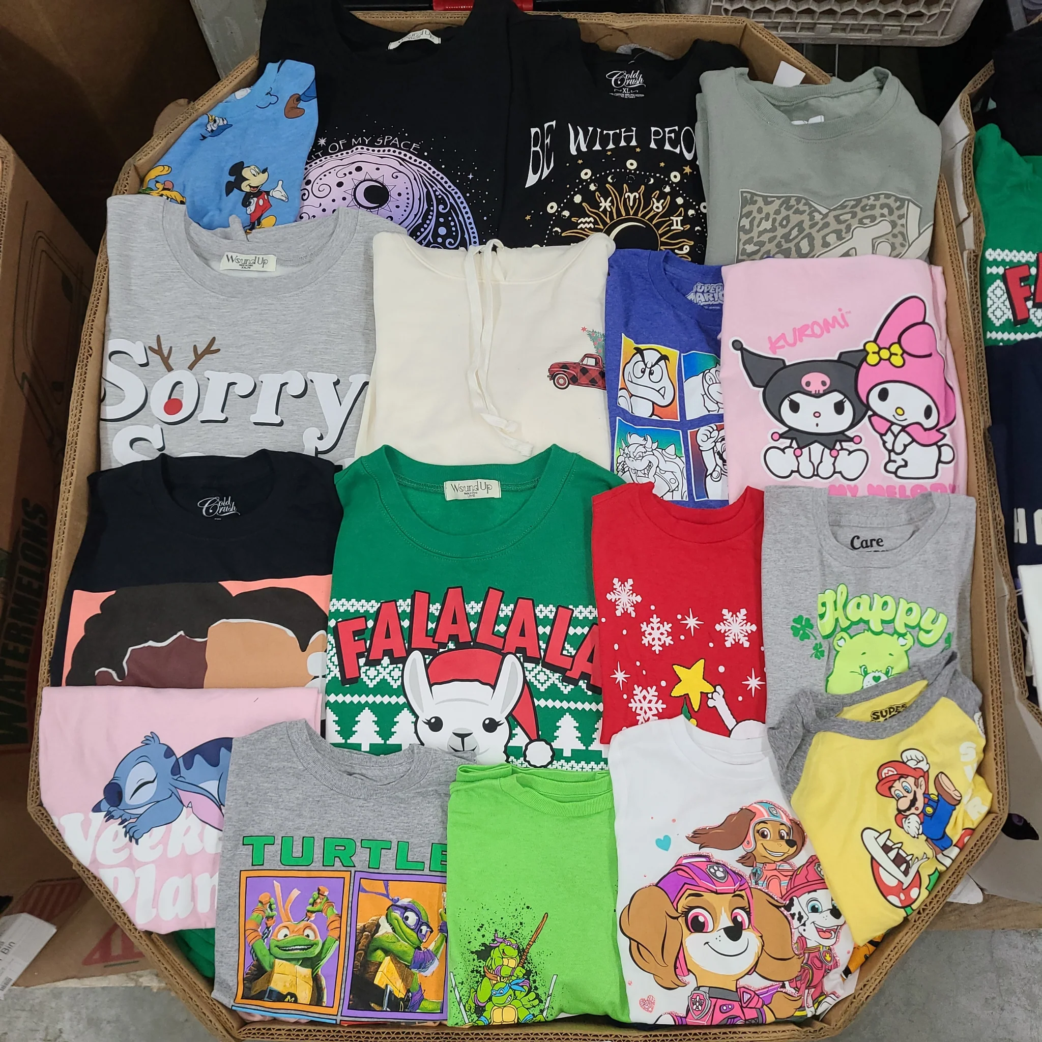 Licensed Graphic Tees Wholesale Lot with 700 brand-new licensed graphic T-shirts and sweatshirts in mixed kids' and adult sizes.