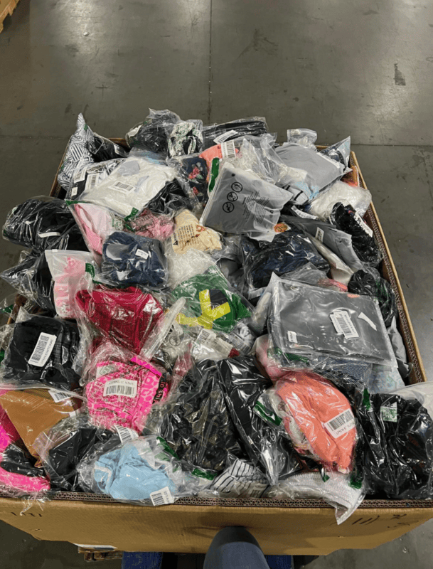 Amazon LPN Apparel Truckload with 24 pallets of mixed women's, men's, and children's clothing individually packaged in poly bags