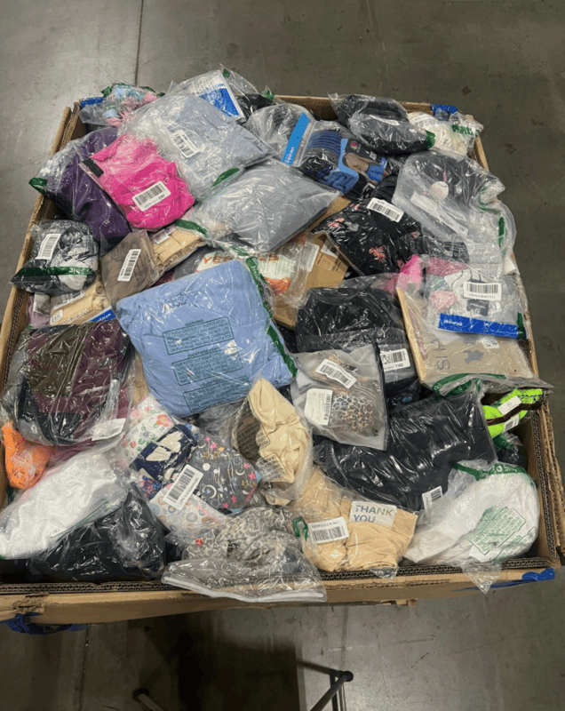 Amazon LPN Apparel Truckload with 24 pallets of mixed women's, men's, and children's clothing individually packaged in poly bags