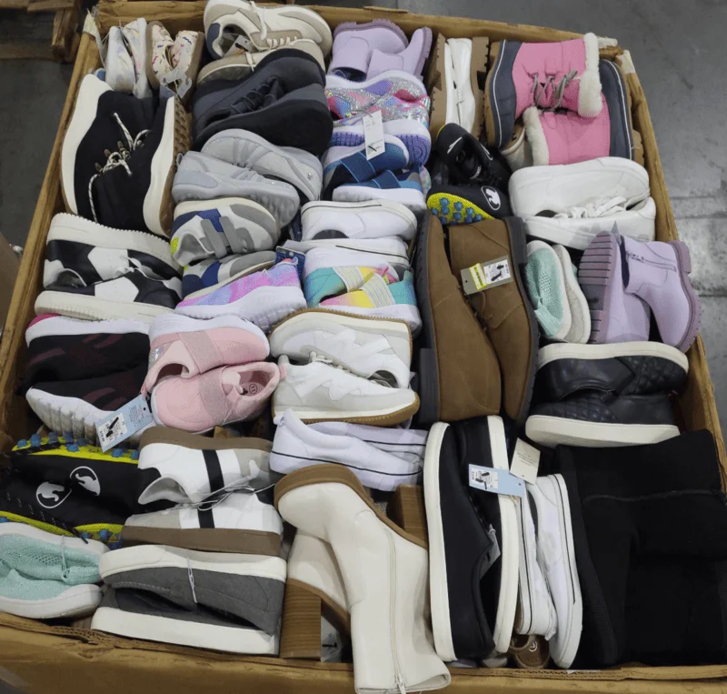 Target Shoes Truckload with 24 pallets of wholesale footwear including men's, women's, and kids' shoes, sneakers, boots, sandals, dress shoes, and athletic footwear from Target liquidation inventory.