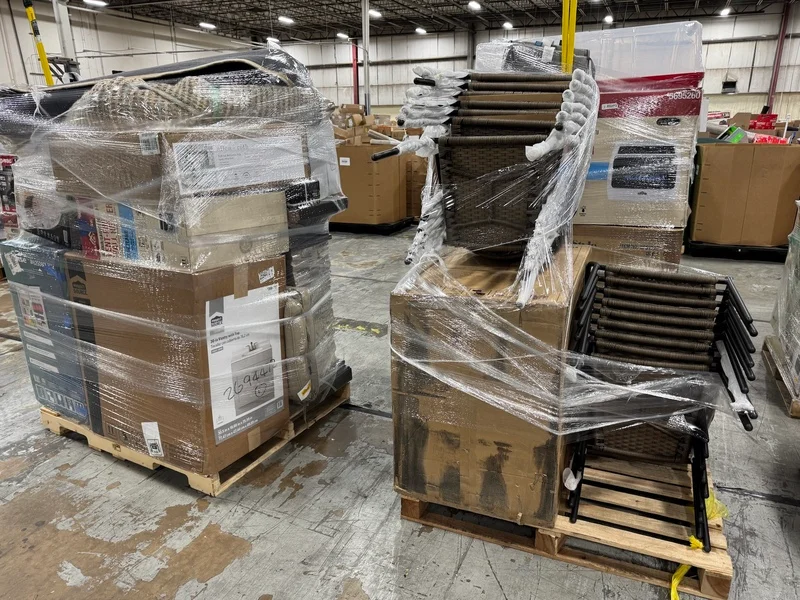 Lowe's General Merchandise Truckload featuring 24 wholesale liquidation pallets filled with tools, hardware, home improvement supplies, appliances, lawn and garden equipment, storage solutions, and general merchandise for resale.