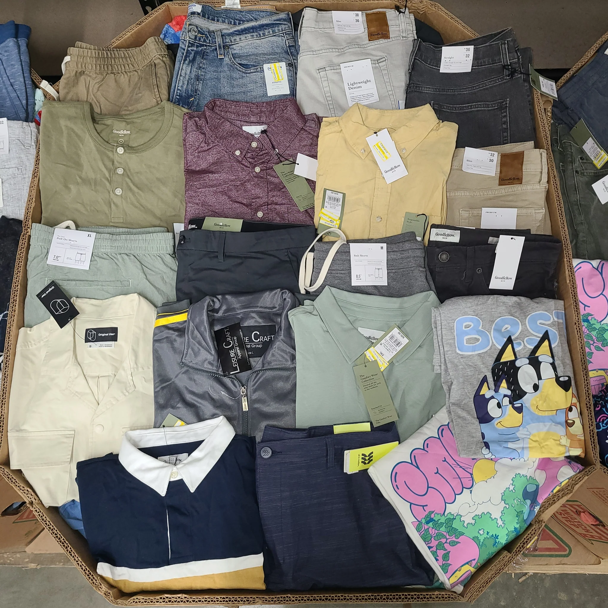 Target Men's Clothing Wholesale Pallet with 350–400 pieces of all-season men's apparel sourced from Target, featuring 95% brand-new clothing with tags.