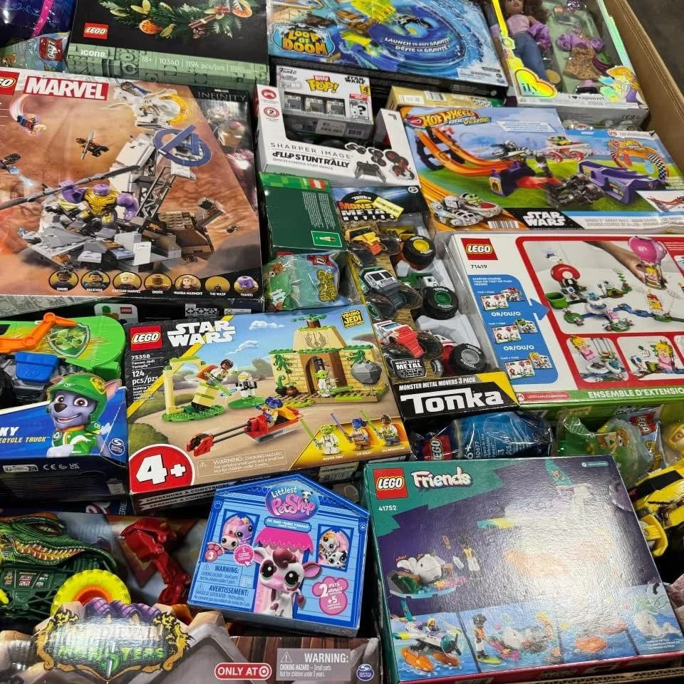 LEGO Pallets sourced from Amazon Return Pallets with mixed construction toys, educational games, and popular toy brands for wholesale resale
