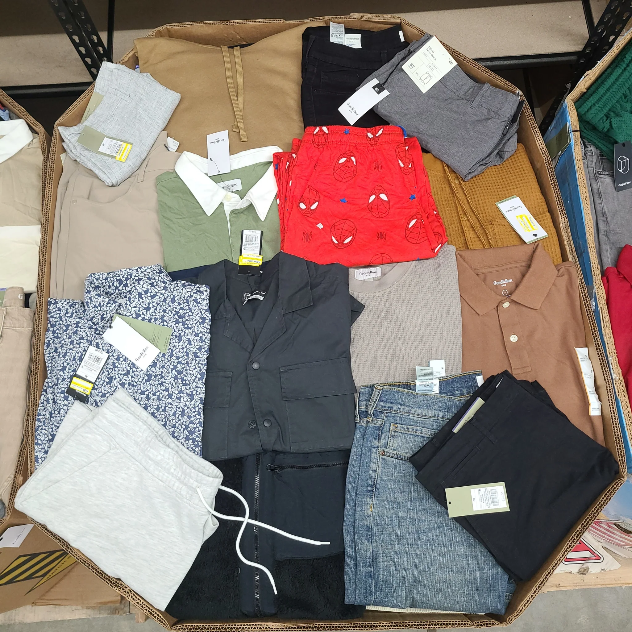 Target Men's Clothing Wholesale Pallet with 350–400 pieces of all-season men's apparel sourced from Target, featuring 95% brand-new clothing with tags.