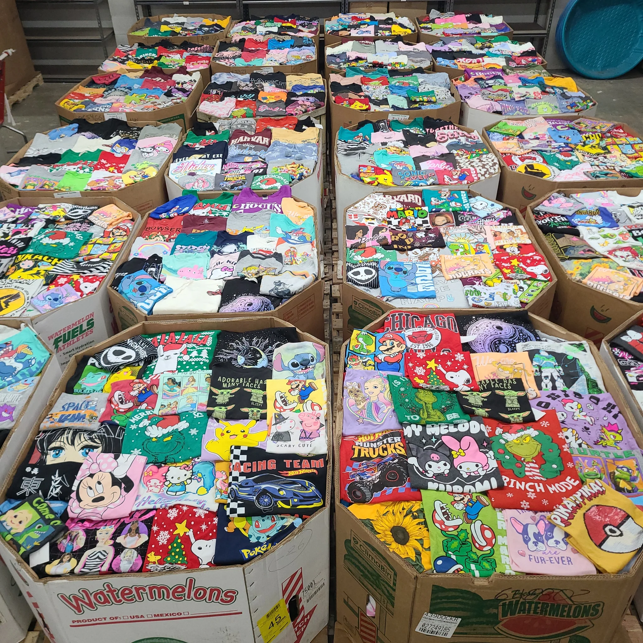 Licensed Graphic Tees Wholesale Lot with 700 brand-new licensed graphic T-shirts and sweatshirts in mixed kids' and adult sizes.