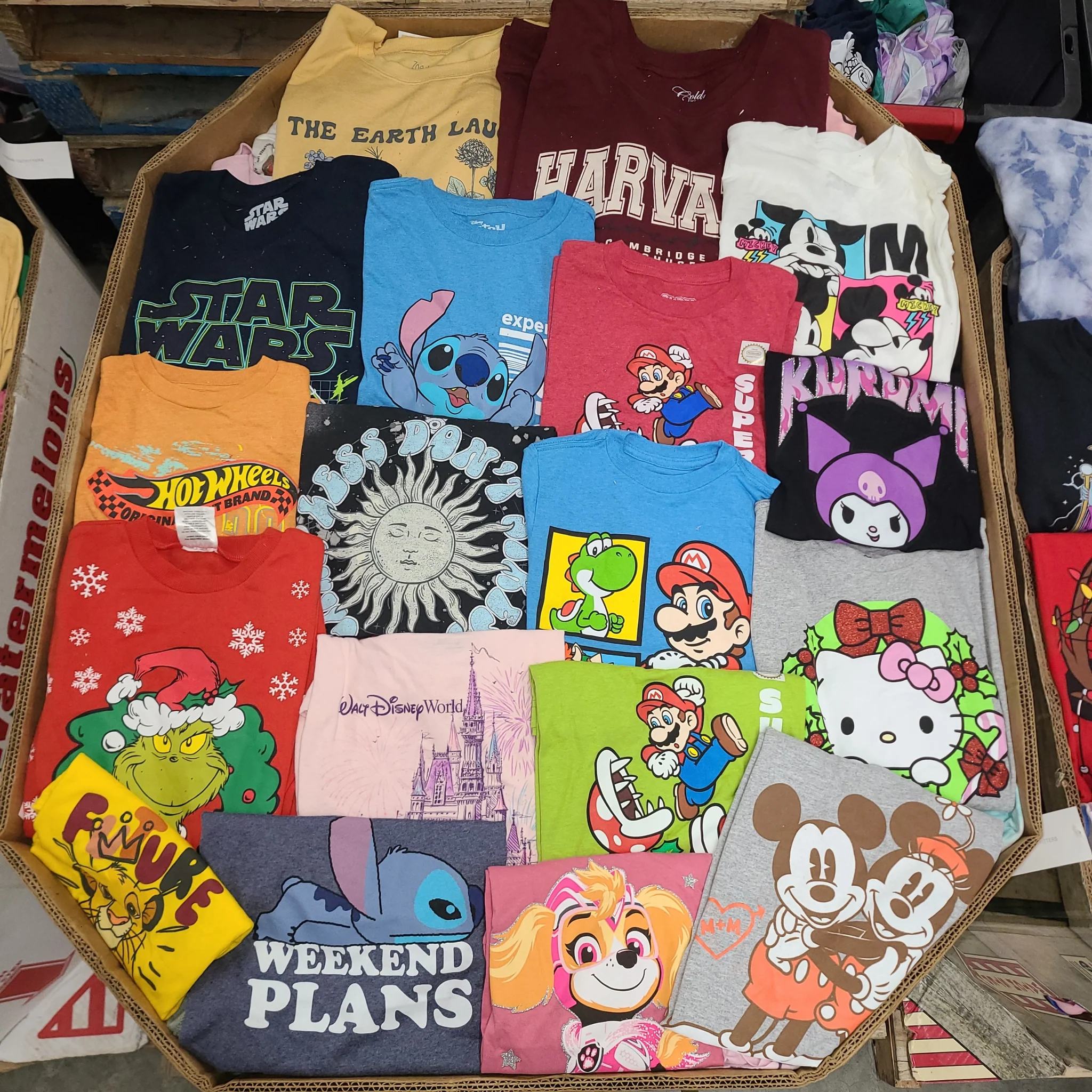 Licensed Graphic Tees Wholesale Lot with 700 brand-new licensed graphic T-shirts and sweatshirts in mixed kids' and adult sizes.