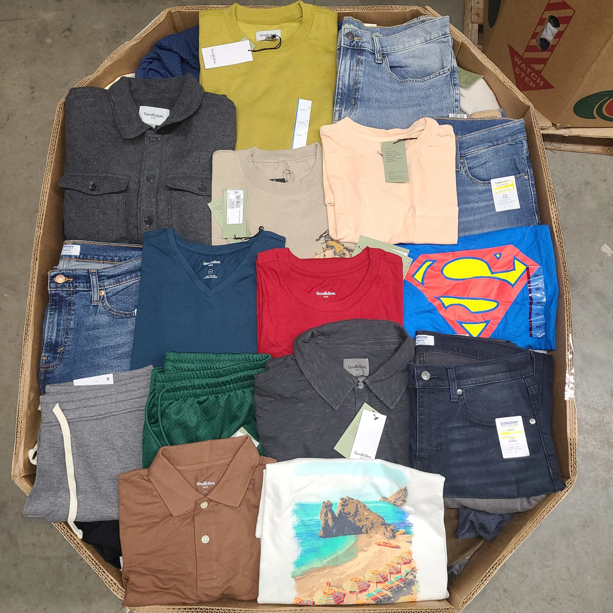 Target Men's Clothing Wholesale Pallet with 350–400 pieces of all-season men's apparel sourced from Target, featuring 95% brand-new clothing with tags.