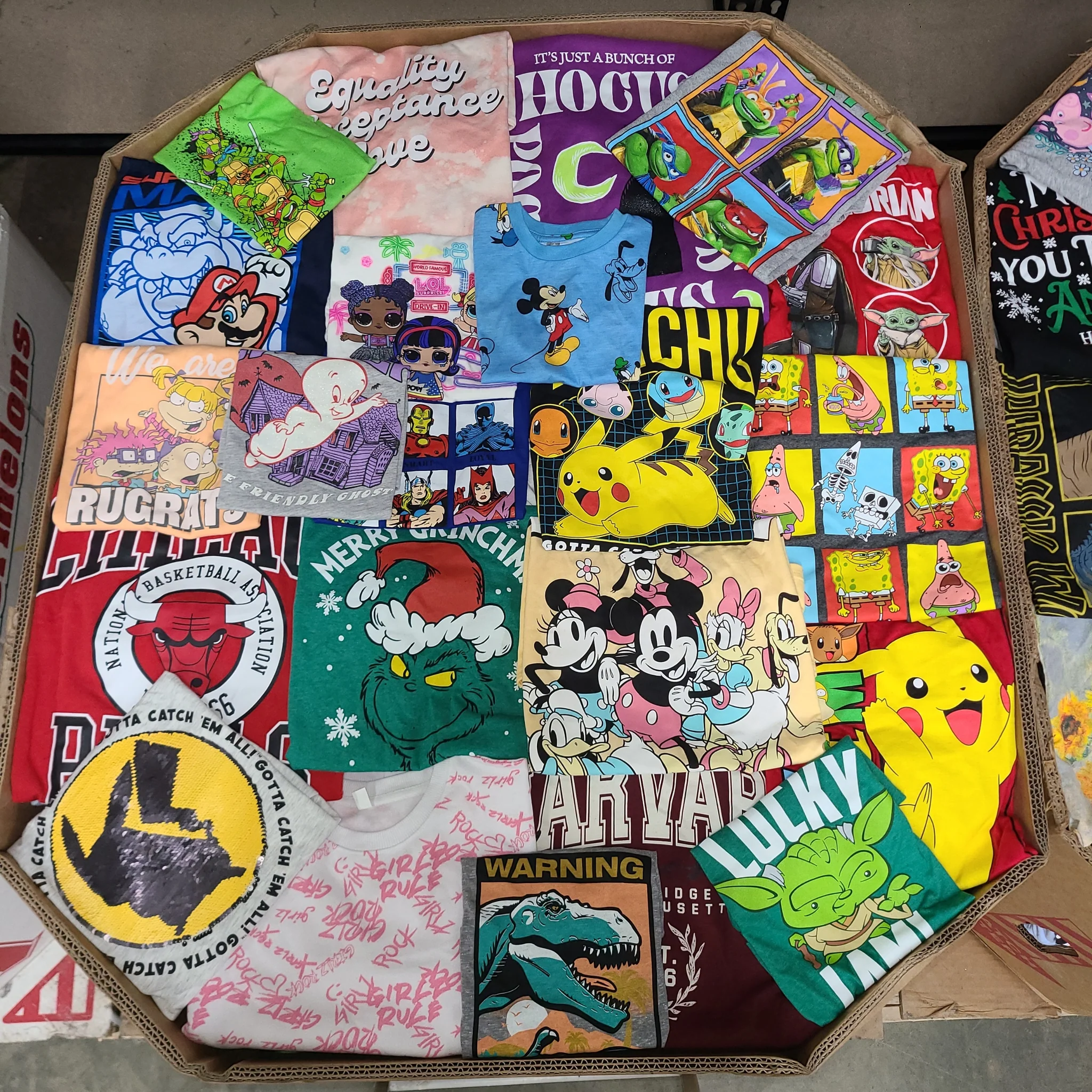 Licensed Graphic Tees Wholesale Lot with 700 brand-new licensed graphic T-shirts and sweatshirts in mixed kids' and adult sizes.