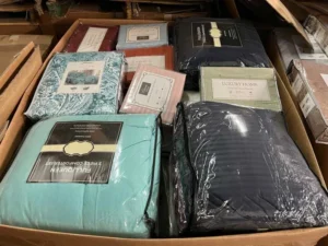 Bed Linen Sheets and Comforter Sets pallet with 110 premium wholesale bedding items including comforters, sheet sets, quilts, and pillowcases