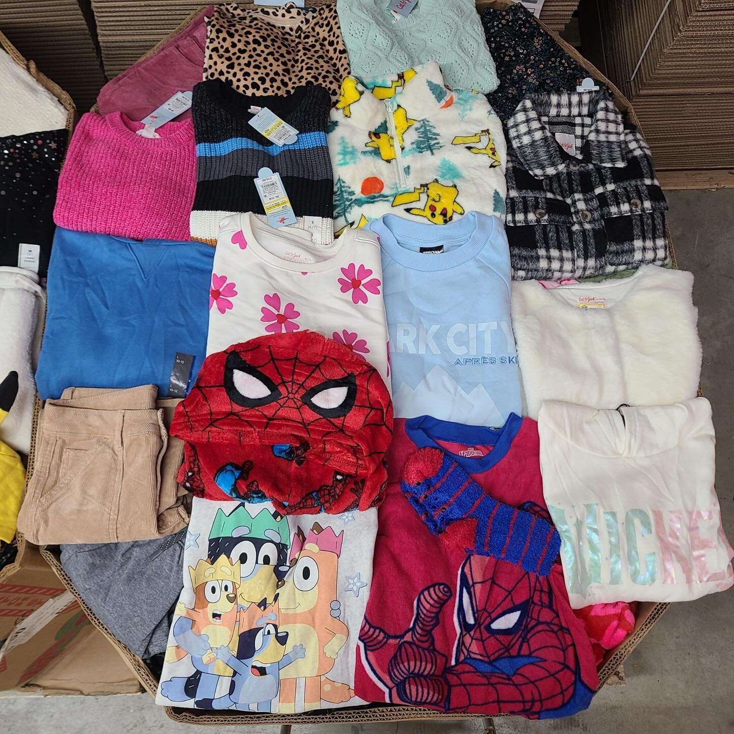 Target Kids Winter Clothes pallet with 350 to 400 pieces of children's winter apparel including jackets, hoodies, sweaters, joggers, and seasonal clothing