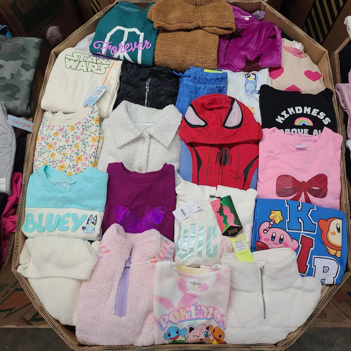 Target Kids Winter Clothes Pallet with 350–400 pieces of children's winter jackets, hoodies, sweaters, fleece clothing, thermal wear, hats, gloves, and cold-weather apparel for wholesale resale.