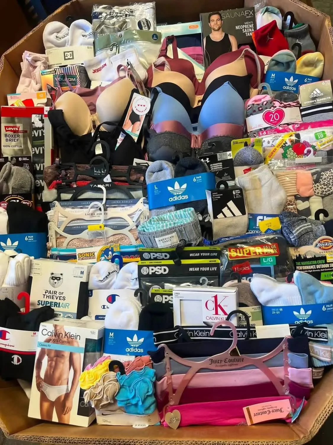 Intimates Mix Pallet with approximately 470–500 pieces of wholesale lingerie, bras, panties, boxer briefs, sleepwear, shapewear, camisoles, loungewear, and intimate apparel for resale.