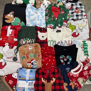 Target Christmas Clothing Pallets containing 550–650 pieces of holiday pajamas, sweaters, T-shirts, Christmas accessories, and pet apparel for wholesale resale.