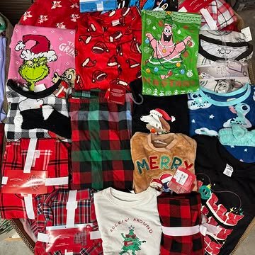 Target Christmas Clothing Pallets containing 550–650 pieces of holiday pajamas, sweaters, T-shirts, Christmas accessories, and pet apparel for wholesale resale.